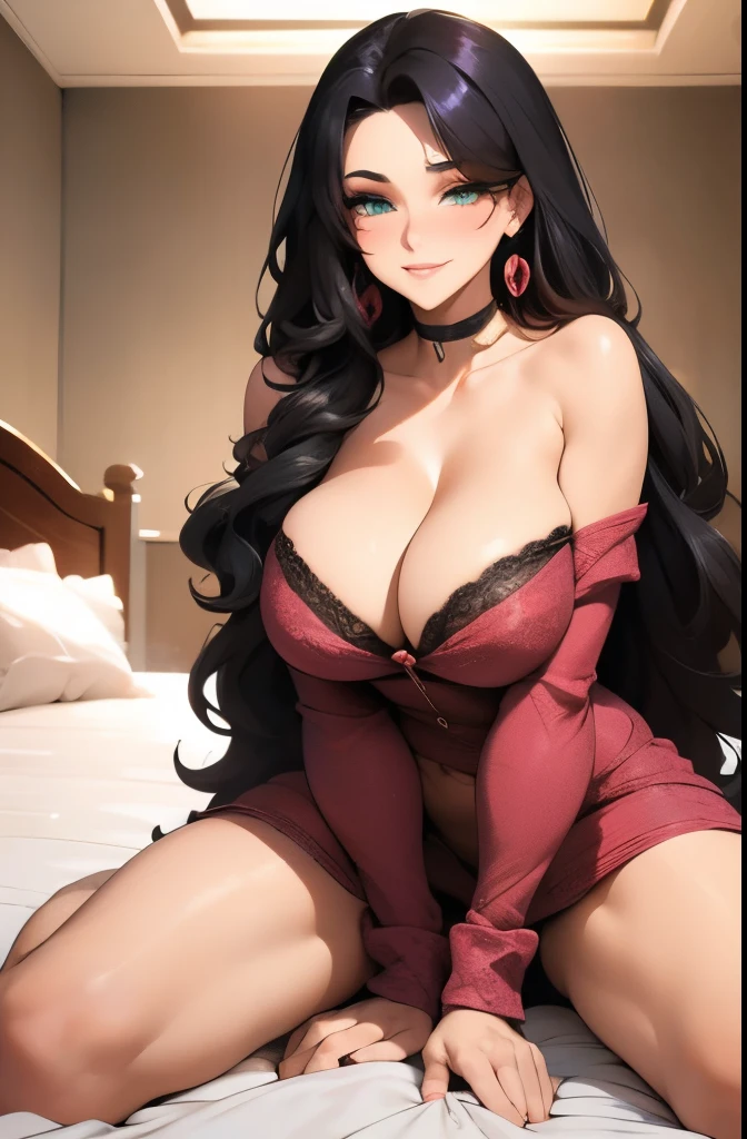 full body, extreme wavy hair, luxurious hair, lustful eyes, a knowing smile, aroused 25 years old, playfully aroused, dripping with desire, busty cleavage, heavy bust, pajamas, slim waist, posing by the bed, coy smile with open parted lips, (blushing:1.3), looking lovingly at the viewer, seductive green eyes, an inviting pose, bedroom background, champagne, in love (pov), loving gesture, loving gaze, loving eyes, glowing eyes, highly detailed eyes, chocker, earrings, nsfw,