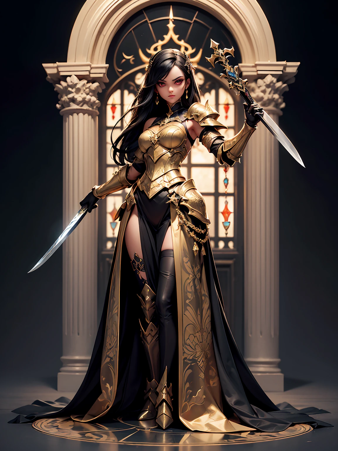 (((masterpiece, best quality, 16k)))A breathtaking artwork of a young female character of unimaginable beauty, set in a dark and opulent environment. The full-body view reveals an impressive figure, exuding an aura of power and mystery. She wears black and gold clothes, radiating a luxurious darkness. Her armor is detailed and characteristic, with intricate golden designs that shimmer in the dim light. Ornate shoulder pads protect her shoulders, and the armor perfectly molds to her body, accentuating her formidable presence. Her long black hair flows like a river of darkness, contrasting with her mesmerizing scarlet eyes. Her beauty is almost supernatural, a perfect blend of grace and menace. She wields a cursed blade that seems to pulse with malevolent energy, enhancing her aura of danger. The setting around her is a gothic and luxurious environment, with dark arches and stained glass windows that filter a supernatural light. In the background, candles flicker, casting dancing shadows on the intricately carved stone walls. It is a place that blends elegance and terror, perfectly reflecting the essence of the character. ((full body view:1.4))