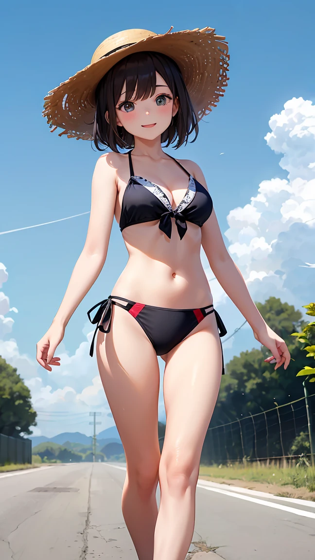 A girl around is smiling and wearing a straw hat.。Wearing a bikini。Walking along a country road。High resolution and high image quality。(比基尼:1.6)