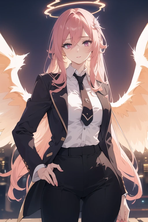 beautiful young woman, lithe physique, long messy peach colored hair, magenta eyes, halo, crown, white shirt, black tie, black jacket, black pants, suit and tie, small breasts, large ass, thighs, highly detailed, 8k, photorealistic, dramatic lighting, cinematic, elegant, fashion portrait, angel, angelic, wings,