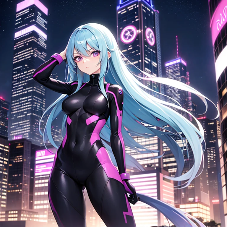 girl with long blue hair, with purple eyes, anime cartoon style, tight suit, city background, at night, Whole body, neon, Super model, attractive, frustrated, backwards, happy