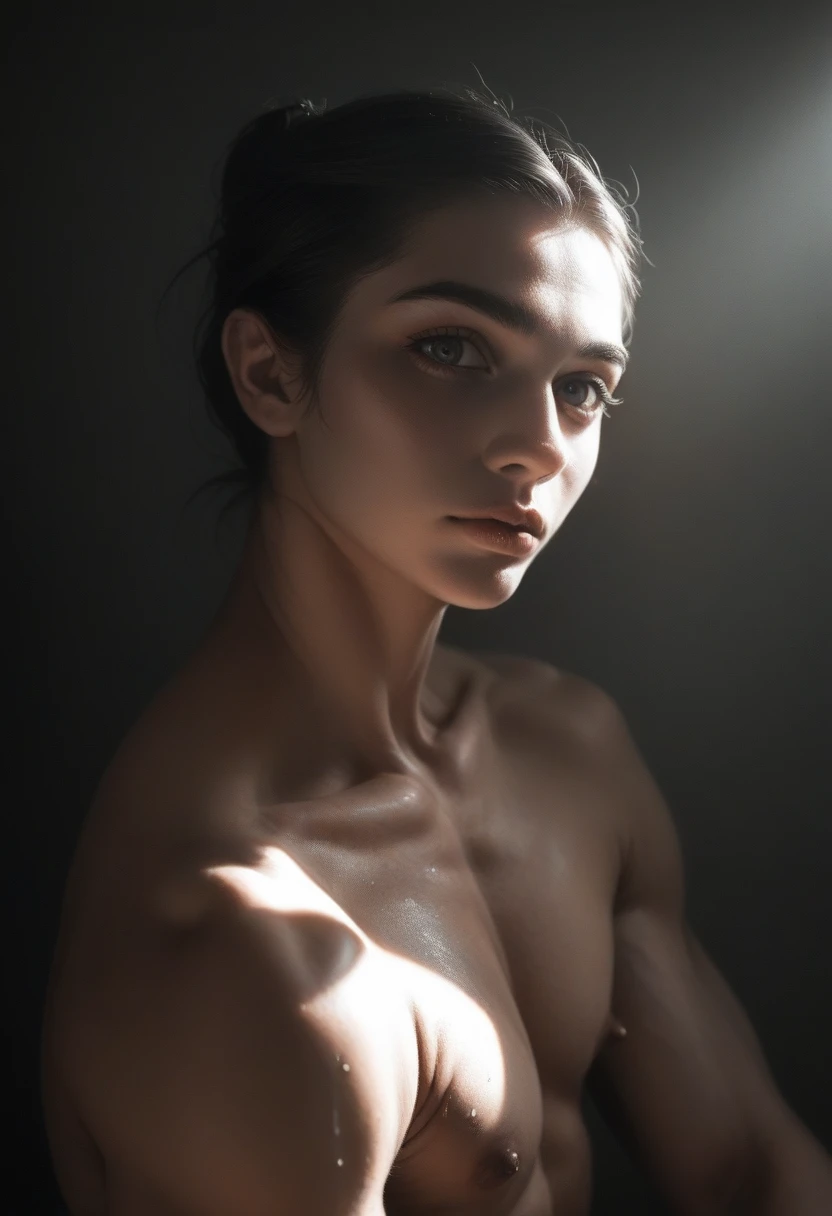 muscular male body, feminine female body, athletic, detailed anatomy, chiaroscuro lighting, dramatic shadows, cinematic composition, oil painting, muted color palette, photorealistic, highly detailed, masterpiece, 8k