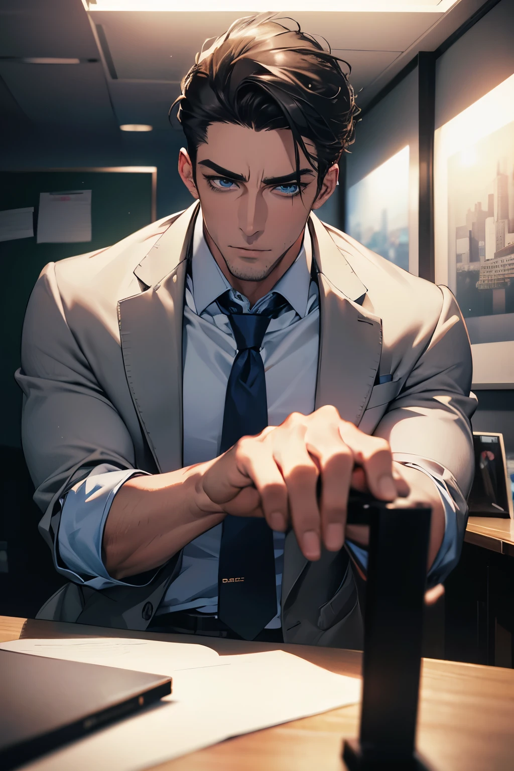 (Best Quality,4k,8k,high resolution,Masterpiece:1.2),ultra detailed,(realist,photorealist,photo-realist:1.37),1 man,31 years,mature man,very handsome,without expresion,muscled body,short gray black hair,Blue eyes,glare,perfect face without mistakes,imposing posture,businessman,office background,cinematic lighting,imagen HDR