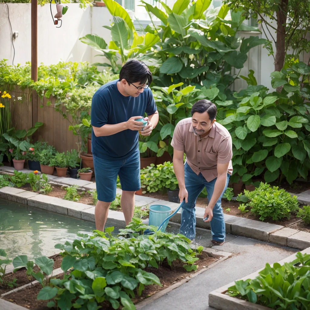 A middle-aged man and a are watering the plants, children's book figure, children's book figure, children's book figure, commercial figure, children's book figure, flat figure, detailed 2D figure, 2D figure, 2D figure, children's book figure, children's book figure, figure, children's figure, professional figure