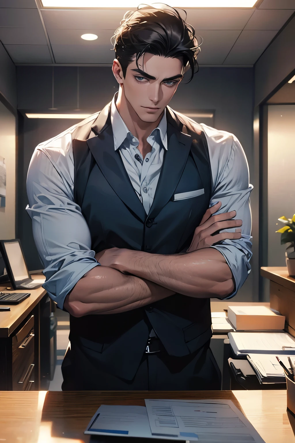 (Best Quality,4k,8k,high resolution,Masterpiece:1.2),ultra detailed,(realist,photorealist,photo-realist:1.37),1 man,31 years,mature man,very handsome,without expresion,muscled body,short gray black hair,Blue eyes,glare,perfect face without mistakes,imposing posture,businessman,office background,cinematic lighting,imagen HDR
