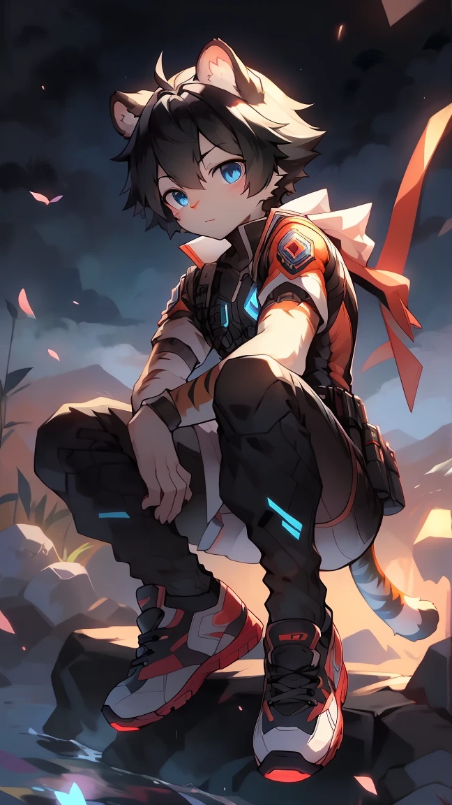 White fur,Black Hair,小male孩,blue eyes,tiger,Future combat suit,White socks,sports shoes,male,Lovely,Q version。