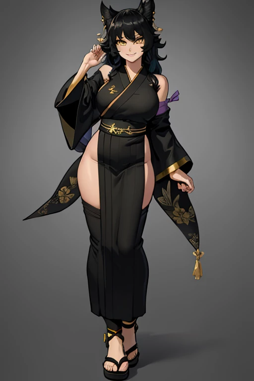 female, black long hair, yellow eyes, (((1girl))), (((gold and black kimono))), (black Japanese sandals), cute and sexy, full body, large breasts, large butt, long legs, smiling