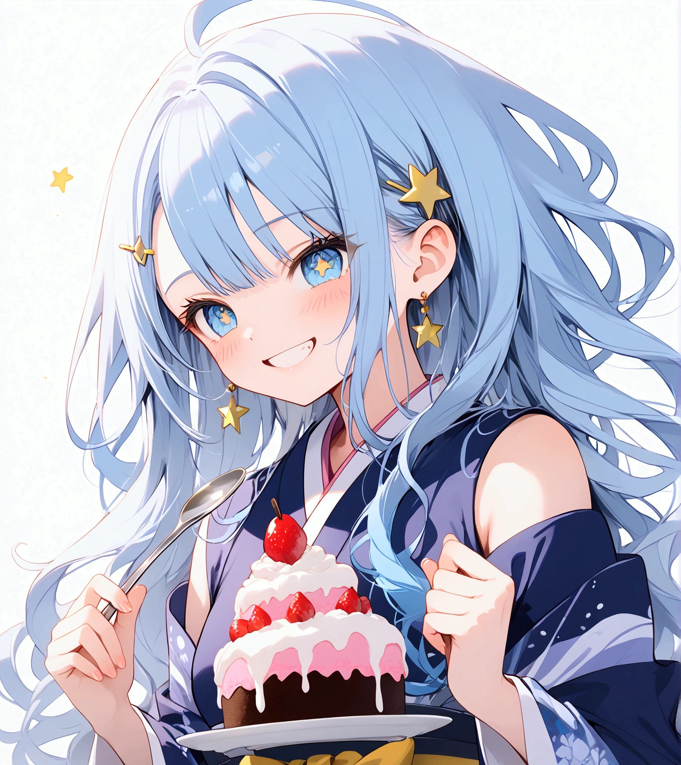 A conceptual art young woman with light blue hair, star-shaped hair clip, long hair. Her hair is long and straight, with playful, expressive strands that add movement and dynamism to the piece, feeding her viewers with a spoonful of cake, look at viewers. Her eyes are wide and sparkling, with detailed pupils that reflect the joy and excitement of her birthday. The blush on her cheeks is a soft pink, revealing her happiness and slight embarrassment at being the center of attention. She's holding a spoon with a pice cake, her excitement almost palpable. adhering to a high-quality Anime style, kimono, from the side. The piece should be in Ultra High Definition, with a resolution of 8K, making it a true masterpiece. Pay attention to anatomical correct(2), ensuring that the character's pose and proportions are accurate and believable. The skin should be textured, with high details that give a sense of realism to the Anime style. The final artwork should be of the best quality and extremely high-re, pov, anime, anime style, social media composition, UHD, masterpiece, accurate, anatomically correct, textured skin, super detail, high details, high quality, award winning, best quality, highres, 8k, smile, happines, emossion, exited, laugh, art sheet, conceptual art, multiple angle, multiple expression