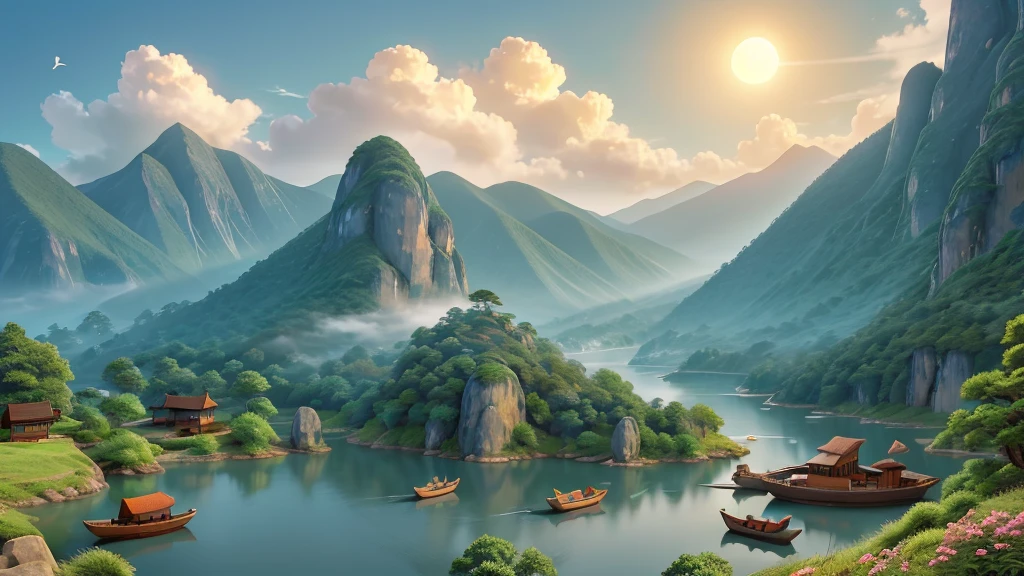The image you’ve described depicts a traditional East Asian landscape painting. It features misty mountains with sharp peaks, some partially obscured by clouds or fog. A waterfall cascades down one of the mountains. In the foreground, there are two small boats on what appears to be a calm body of water. Birds are in flight throughout the scene, and there is an orange sun or moon hanging low in the sky, suggesting either dawn or dusk. The painting’s use of soft colors and blurred lines gives it a tranquil and ethereal quality. Đẹp