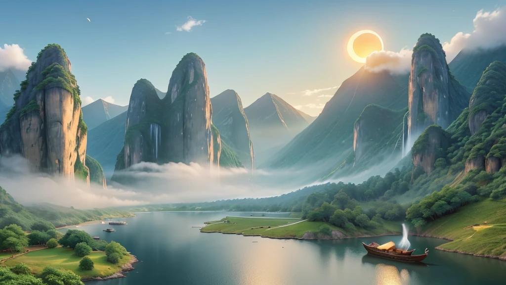 The image you’ve described depicts a traditional East Asian landscape painting. It features misty mountains with sharp peaks, some partially obscured by clouds or fog. A waterfall cascades down one of the mountains. In the foreground, there are two small boats on what appears to be a calm body of water. Birds are in flight throughout the scene, and there is an orange sun or moon hanging low in the sky, suggesting either dawn or dusk. The painting’s use of soft colors and blurred lines gives it a tranquil and ethereal quality. Đẹp
