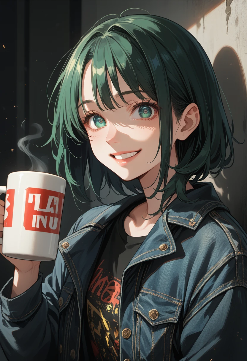 anime girl with a good figure,bright eyes,Dark Green Hair,costs,A mug in his hand,smile.Jacket Denim,striking appearance,ideal figure,beautiful view,Warm Atmosphere,bright colors,Feels Kindness,Beautiful views,ultra detail,top quality,Wallpaper 8K