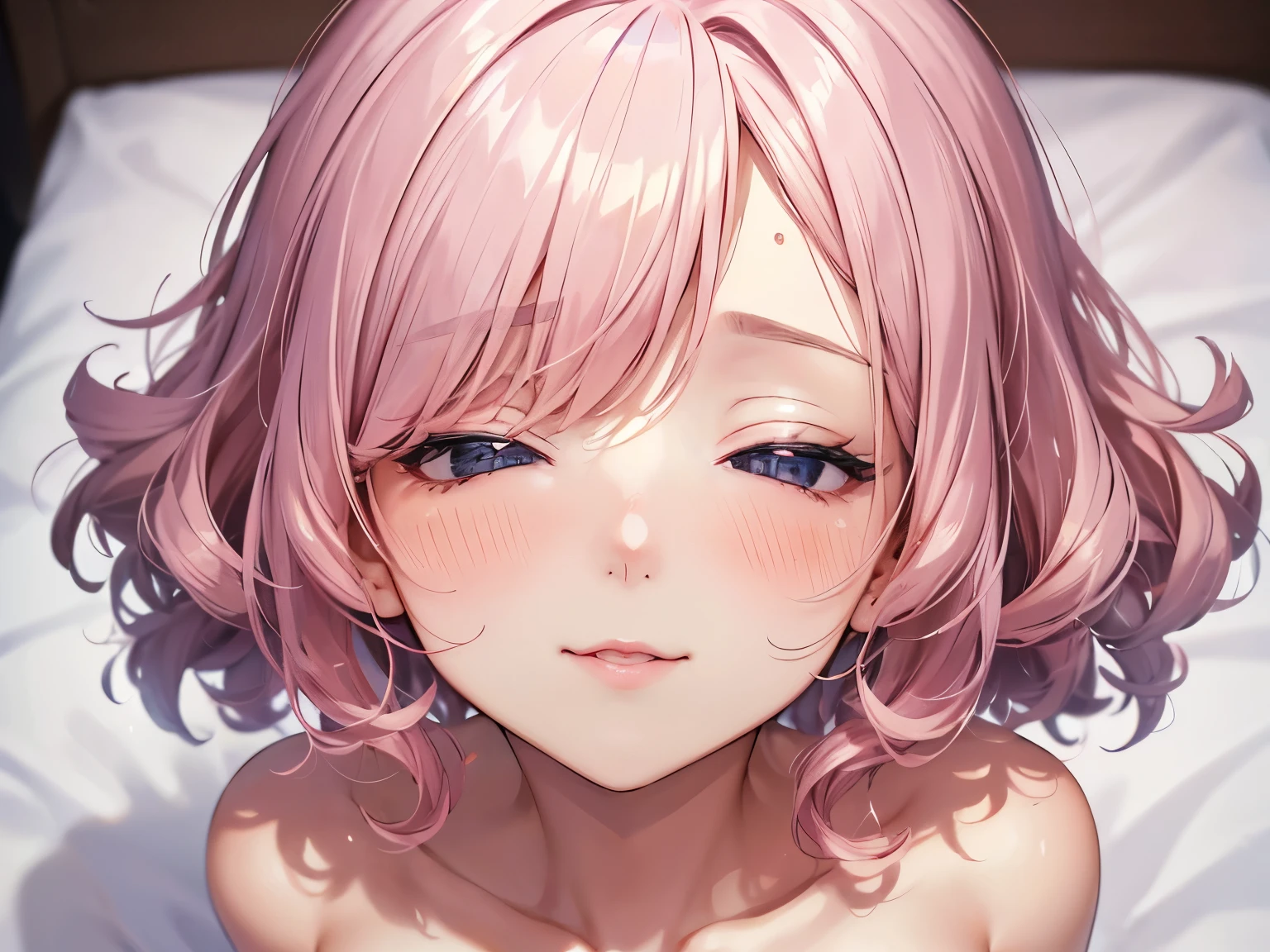 ((Naked))、(Small breasts and visible nipples)、(One super beautiful girl)、Very detailed、(8k, RAW Photos, Highest quality, masterpiece:1.2), (extremely detailed 8k wallpaper),Professional Lighting,Sharp focus, Depth of written boundary、(((Detailed and accurate face))),(head shot,From above)、Ticker,((Pink fluffy short bob、Curly Hair))、Flower Hair Ornaments、At the bed、Sweat、Steam around the mouth、blush、Embarrassing、Smile lightly