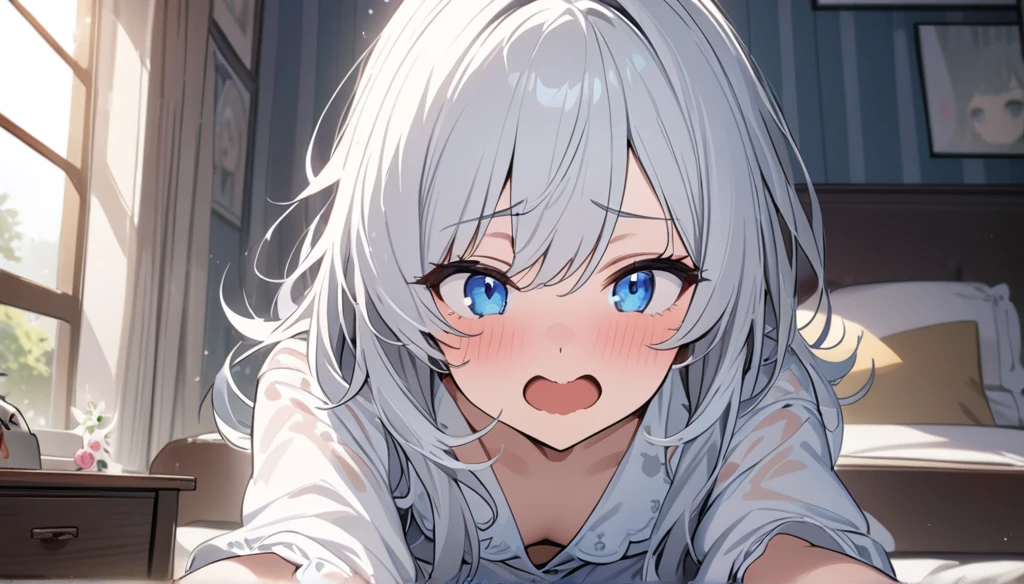 (Masterpiece), (best quality), (Highly detailed), white haired girl, Something, something sweet,  (Blue Eyes),white pajamas, The background is in the bedroom., (Wake up suddenly), (Make funny faces and rush) (Solo character)
