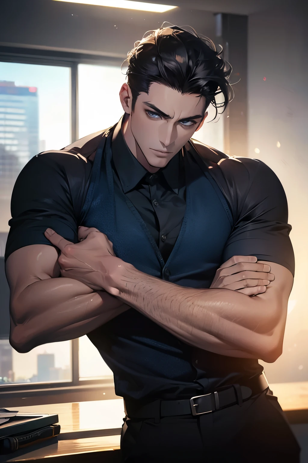 (Best Quality,4k,8k,high resolution,Masterpiece:1.2),ultra detailed,(realist,photorealist,photo-realist:1.37),1 man,31 years,mature man,very handsome,without expresion,muscled body,short gray black hair,Blue eyes,glare,perfect face without mistakes,imposing posture,businessman,office background,cinematic lighting,imagen HDR