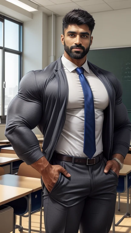 40 years old handsome hunk indian teacher with small beard mascular dark skin jaat with spiky hairstyle, head to thighs, indian school boy, beautiful eyes, large lips, volumeric light, wearing front opened shirt with opened zip grey trouser with grey tie, hold book in hand, huge bulge show at front of ren, muscular chest, long legs, Wide shoulders, nice detailed hands, standing with sprealassroom background, sunny day, daylight