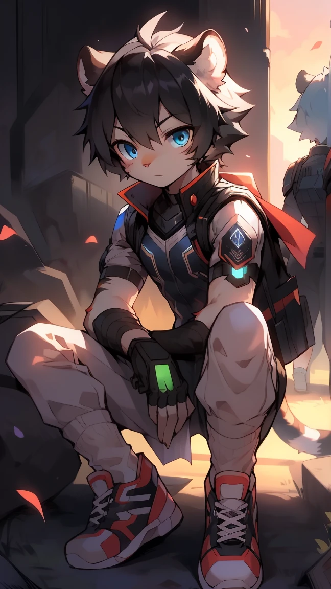 White fur，Black Hair，小male孩，blue eyes，tiger，Future combat suit，White socks，sports shoes，male，Lovely，Q version。