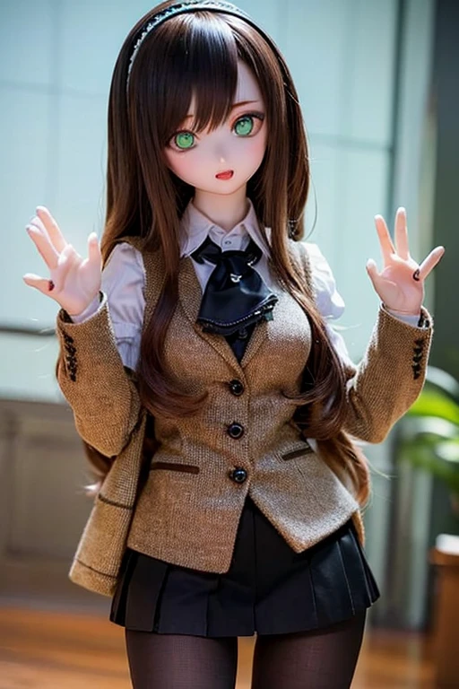 (SFW:2), photorealistic, realistic photo, 8k, ((highest quality)), ((masterpiece)), (extremely detailed), kukolnydom, doll, (mature woman, 21yo, 21 years old, solo:1.6), ((cowboy shot, head tilt, waving, slim, slender, skinny, medium breasts, hairband, ascot, vest, blouse, long puff sleeves, pleated skirt, black pantyhose)), (green eyes, brown hair, long hair, plastic skin, looking at another, glass eyes, gradient eyes, shining eyes, detailed eyes:1.3)