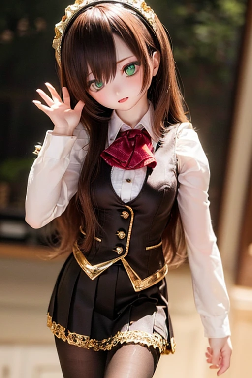 (SFW:2), photorealistic, realistic photo, 8k, ((highest quality)), ((masterpiece)), (extremely detailed), kukolnydom, doll, (mature woman, 21yo, 21 years old, solo:1.6), ((cowboy shot, head tilt, waving, slim, slender, skinny, medium breasts, hairband, ascot, vest, blouse, long puff sleeves, pleated skirt, black pantyhose)), (green eyes, brown hair, long hair, plastic skin, looking at another, glass eyes, gradient eyes, shining eyes, detailed eyes:1.3)