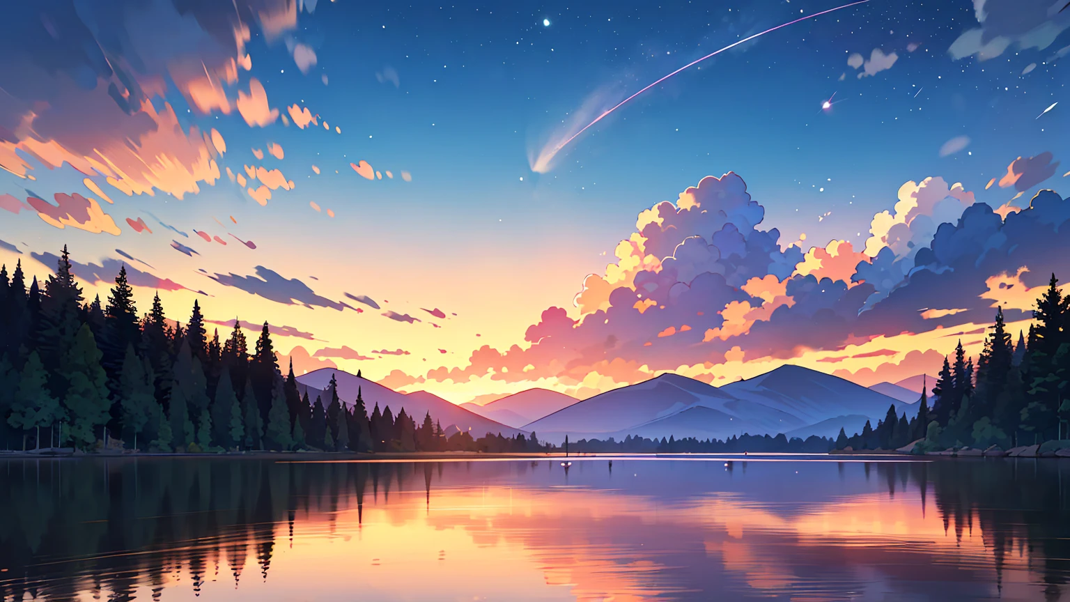 (masterpiece, best quality),sunset,wide lake, calm,Milky Way,cloud, Evening,A lake like a mirror,sublime