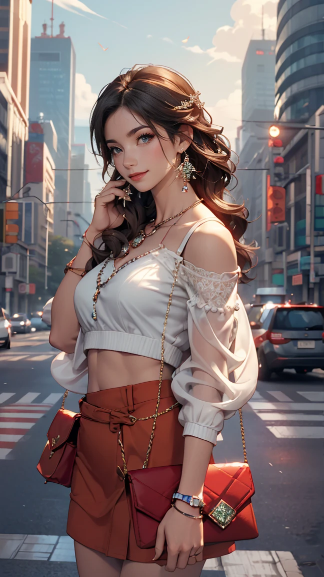((最high qualiy, 8k, work of art: 1.3, ultra HD, high qualiy, 最high qualiy, high resolution, 真实感)) 、25 year old Caucasian woman、blue colored eyes、long hair、ssmile、苗条、Great style、I want my head to be off the screen、don accessories on your wrist、doning red nail polish、I have a peticure、Aerial perspective((atmospheric perspective))、ssmile((ssmiley))、background blur((Depth of field)、Sheer upper lower chest((upper lower chest))don、My abdomen is ripped、visible navel、don a low-rise micro mini skirt、doning Sandals、has a clutch bag、skyscraper background、Waiting for a traffic light at an intersection、crystal earrings((crystal earrings))