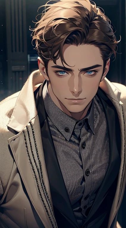 (best quality,4k,8k,highres,masterpiece:1.2),ultra-detailed,(realistic,photorealistic,photo-realistic:1.37),1 man,31 years old,mature man,very handsome,without expression,smile,short grey brown hair,blue eyes,penetrating gaze,perfect face without errors,imposing posture,businessman,office background,cinematic lighting,hdr image