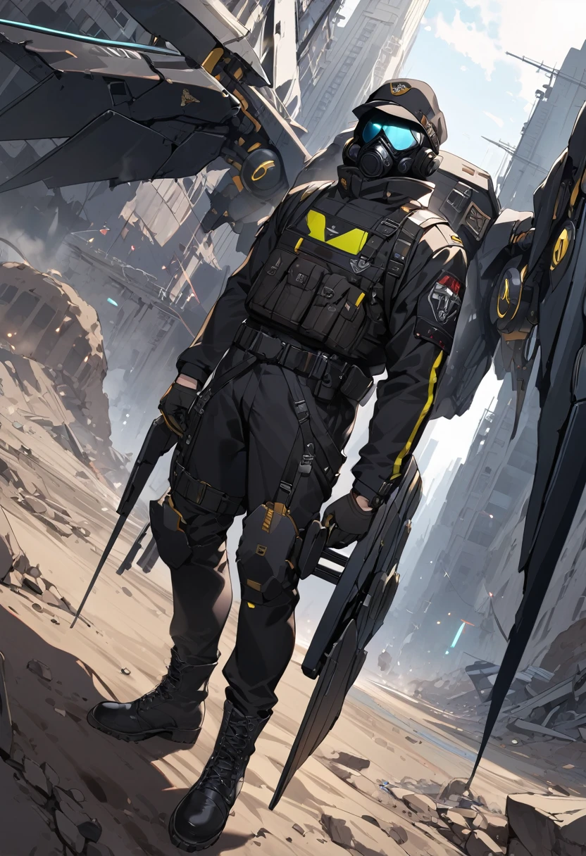 (masterpiece, best quality:1.1), (ultra highres, ultra-detailed:1.2),pop-style, one boy,((male officer is facing a white spider-like monster)),(black military cap,military Gasmask,gloves,has large weapon,(mechanical wings)),BREAK (cyberpunk nazi-uniform),(wasteland,no man's land),dynamic angle,