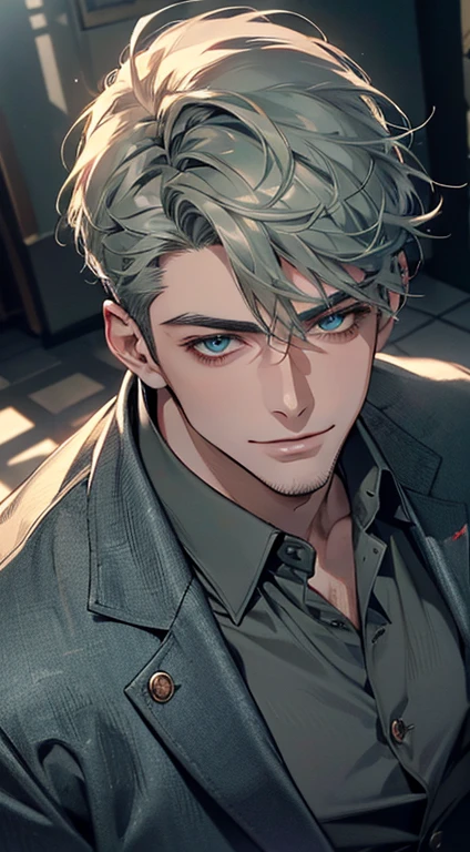 (best quality, masterpiece, 8K, photorealistic, cinematic lighting, 1:4 hdr image, top view, ultra detailed, beautiful image), a mature man, very handsome, short grey green hair, blue eyes, perfect face without errors , ((buttoning his jacket, CEO)), smile in love.