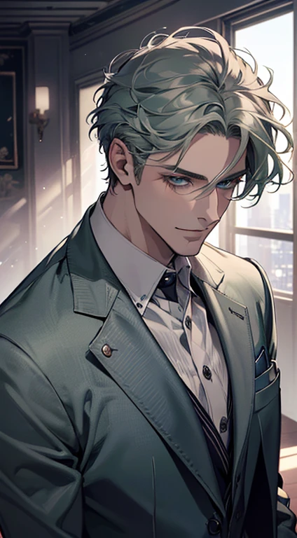 (best quality, masterpiece, 8K, photorealistic, cinematic lighting, 1:4 hdr image, top view, ultra detailed, beautiful image), a mature man, very handsome, short grey green hair, blue eyes, perfect face without errors , ((buttoning his jacket, CEO)), smile in love.
