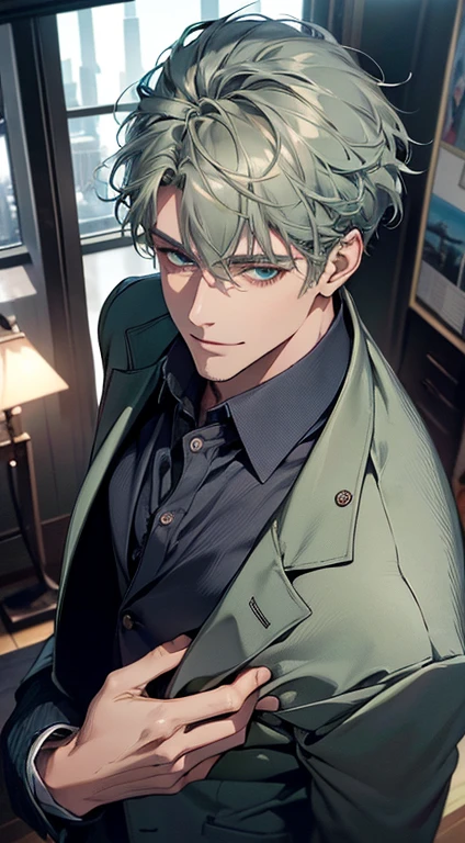 (best quality, masterpiece, 8K, photorealistic, cinematic lighting, 1:4 hdr image, top view, ultra detailed, beautiful image), a mature man, very handsome, short grey green hair, blue eyes, perfect face without errors , ((buttoning his jacket, CEO)), smile in love.