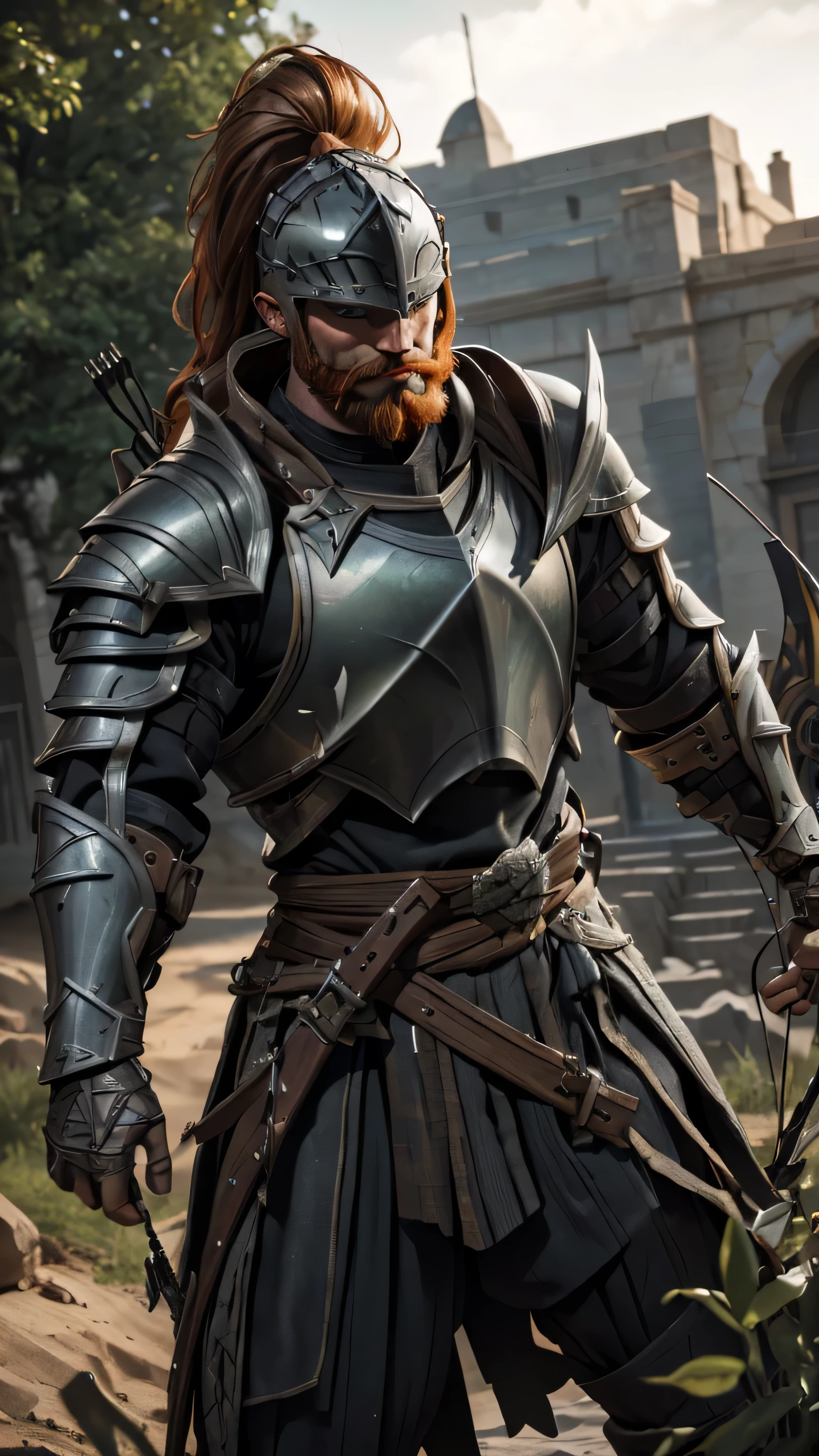 muscled warrior, male, ((long) ginger beard), dark gray (helmet), dark gray (armor), plates, (crossbow), (bow), (big shield), (masterpiece, best quality), (green eyes), (hyper realistic:1.6), ((detailed face)), ((award-winning)), (sharp), (8k resolution), (cinematic lighting)