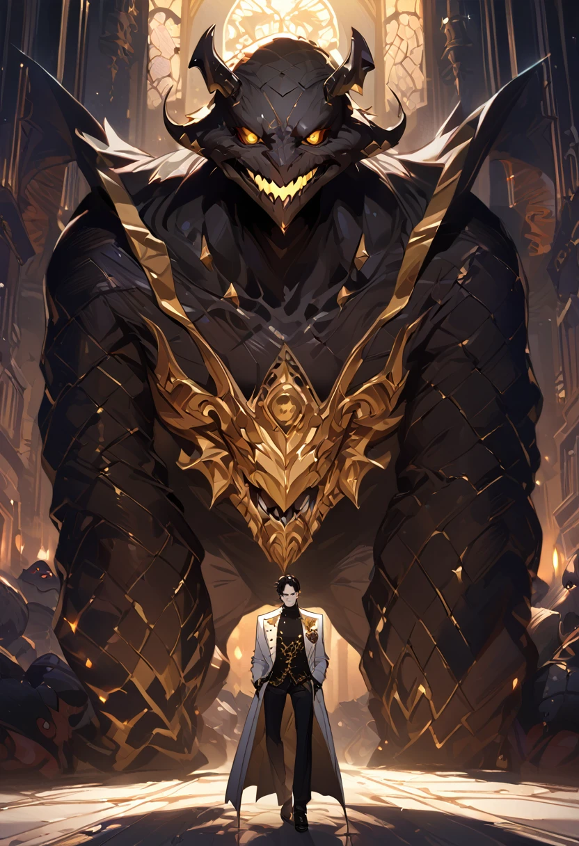 masterpiece, best quality, 8k ,4k , 1 male, demon, pointed ears, jet black hair, black sklera with gold eyes, finely detailed eyes and detailed face, looking at viewer, scary smile, meticulous clothes, black turtle neck clothes, white coat with gold, long coat, patterned clothes, majestic looks, sharp looks, shadows, inspired by Asukaziye artist : ask, art style : ask