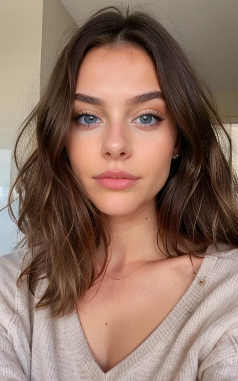 Belle brune portant un pull beige very detailed, 21 ans, visage innocent, natural wavy hair, blue eye, high resolution, head of'ouvrages d'art, best quality, intricate details, very detailed, mise au point nette, detailed skin, Texture de peau réaliste, texture, detailed eyes, professionnel, 4K, charming smile, filmed in Canon, 85 millimeters, shallow depth of field, Kodak Vision Color, corps parfaitement ajusté, extremely detailed, Photograph_\(ultra\), Photorealistic, realistic, Post-traitement, maximum details, roughness, real life, ultra realistic, photorealism, photographie, 8k uh, photographie