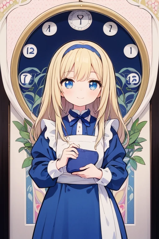masterpiece, Highest quality, Very detailed, 16K, Ultra-high resolution, Cowboy Shot, Alice in Wonderland, (Art Nouveau:1.4), (Pointillism:1.2), , Detailed face, Mischievous Smile, blue eyes, Blonde, Vertical Roll, Ribbon on head, Blue clothes, Plain white apron, Wall Clock