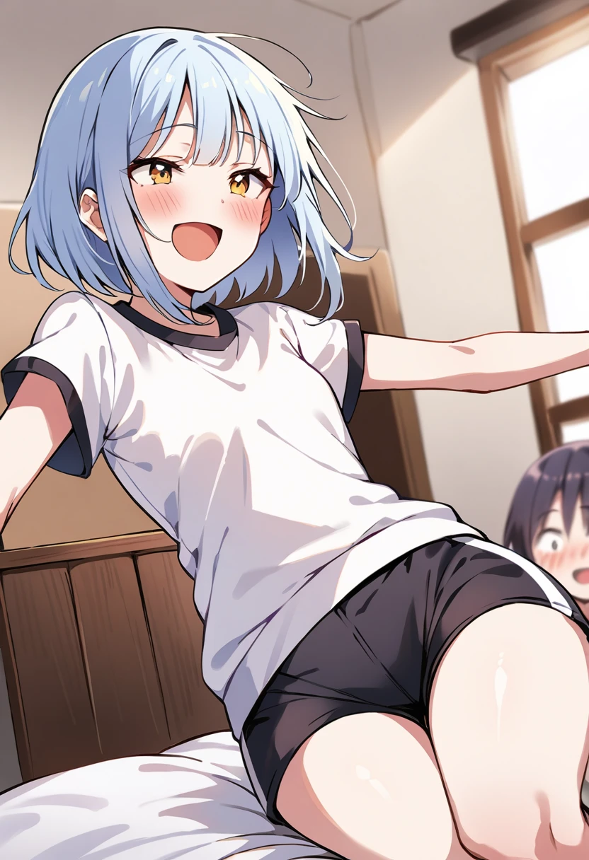 ((Highest quality)), ((masterpiece)), (be familiar with), Perfect Face, indoor, Bedroom, Watching the audience,
One woman, Yuki Gungun,
Open Mouth, Ecstatic expression, blush, smile,
Small breasts, Flat Chest, Young Girl, , , Girl,
Short Hair, short hair,
Gym suit, White short sleeves, Black shorts, Leg spread,