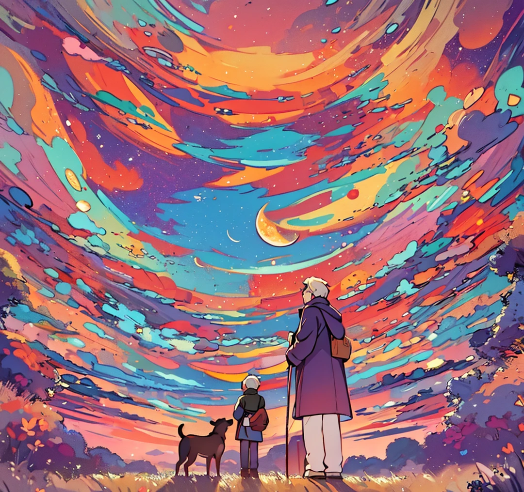 masterpiece, Highest quality,8k,Heartwarming、Under the stars、Wide angle、Composition looking up from diagonally below、Silhouette of grandmother and animals、Low-profile anime style