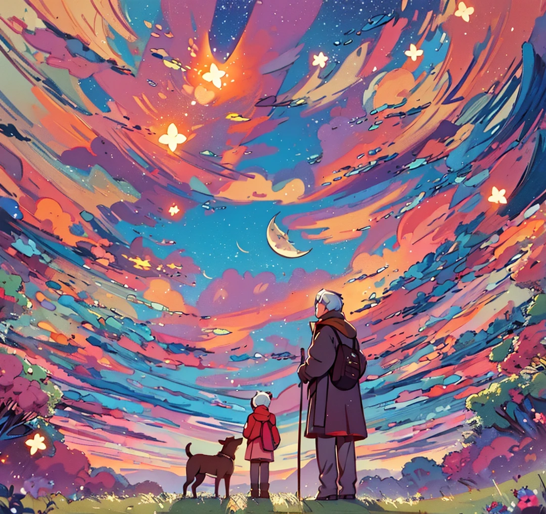 masterpiece, Highest quality,8k,Heartwarming、Under the stars、Wide angle、Composition looking up from diagonally below、Silhouette of grandmother and animals、Low-profile anime style