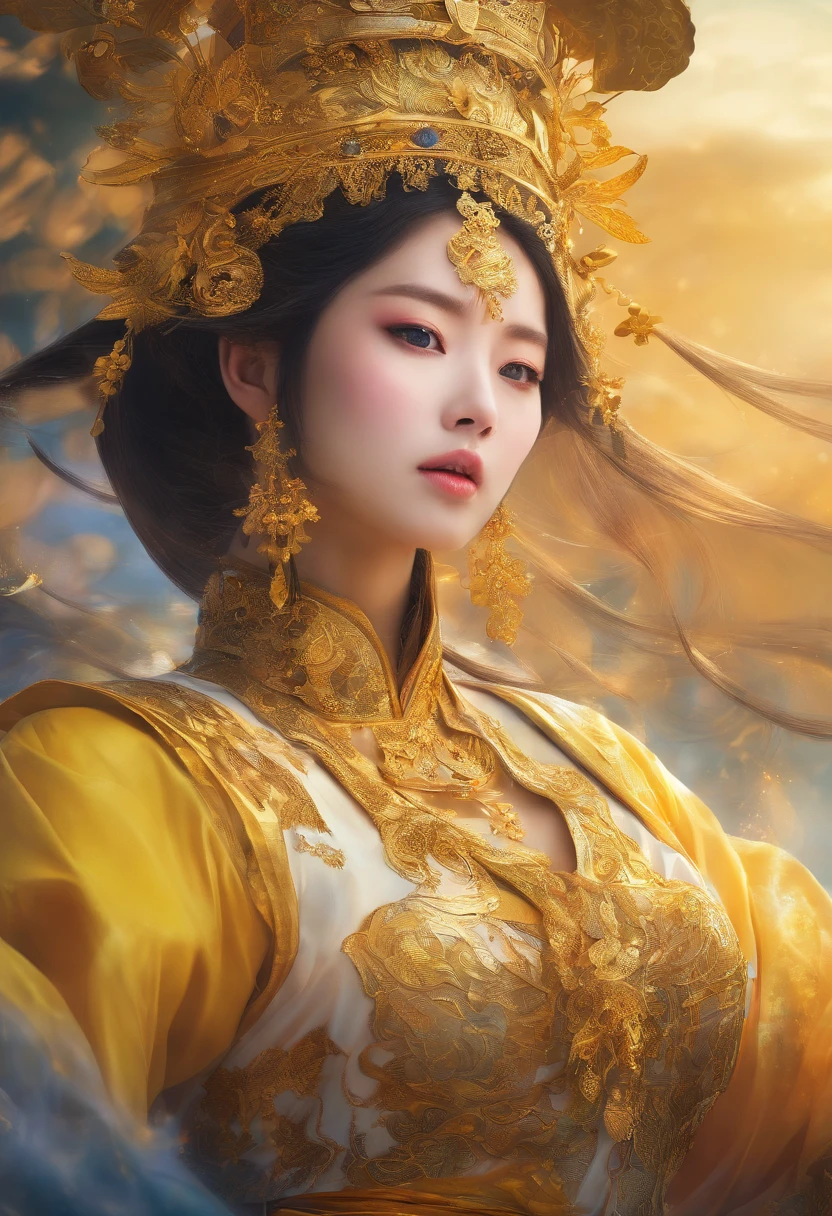 best quality,masterpiece,Ultra-high resolution,(photoactual:1.4),yellow clouds,yellowchina龍背景,beauty,Serious,china,yellow waist long hair,Single ponytail,Big breasts,古色china漢服(yellow),Sword dance,