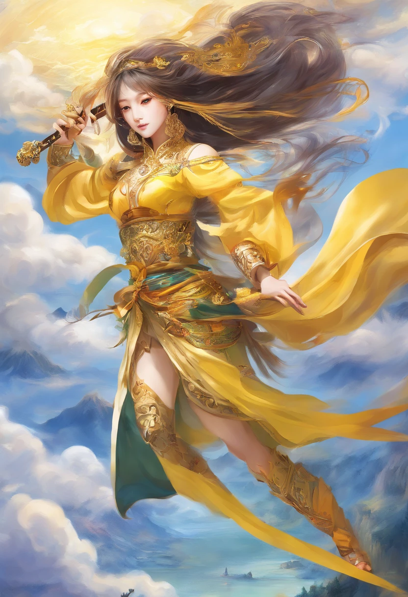 best quality,masterpiece,Ultra-high resolution,(photoactual:1.4),yellow clouds,yellowchina龍背景,beauty,Serious,china,yellow waist long hair,Single ponytail,Big breasts,古色china漢服(yellow),Sword dance,