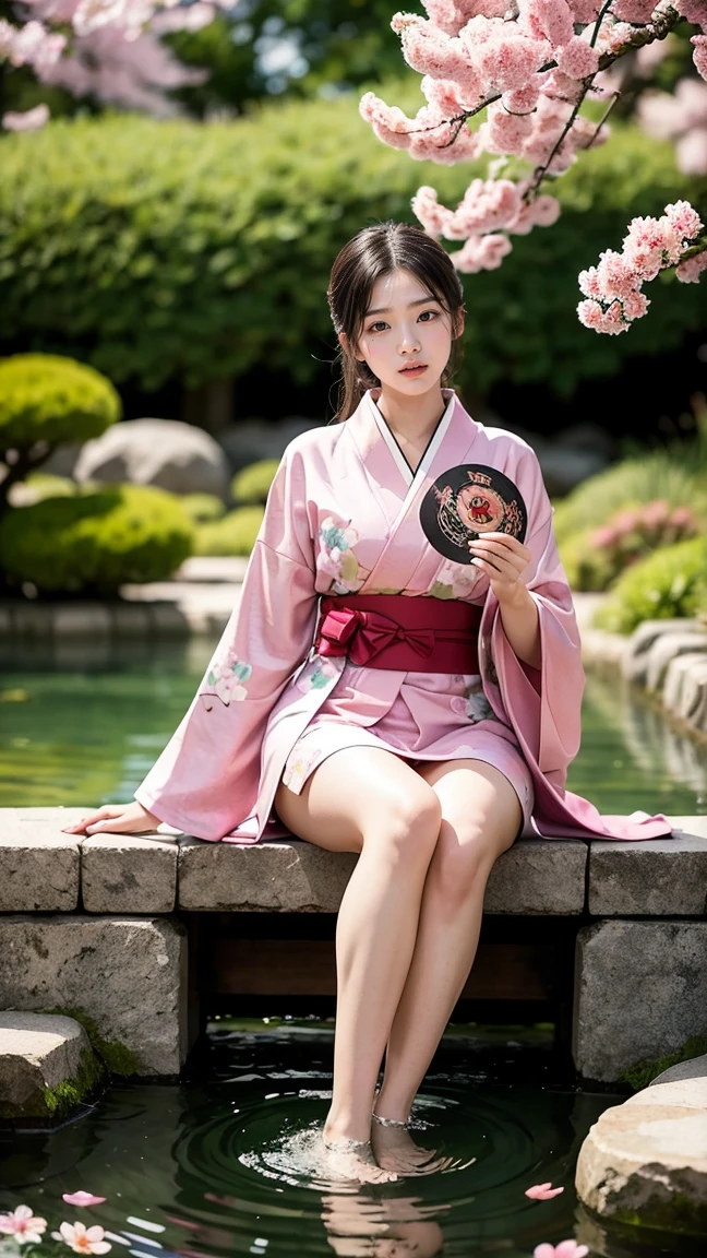Depict Karma in her Sakura skin from League of Legends by Riot Games, dressed in a beautiful, pink kimono with cherry blossom patterns and holding a delicate fan, have massive k-cups, in a tranquil Japanese garden with blooming cherry trees and a koi pond.