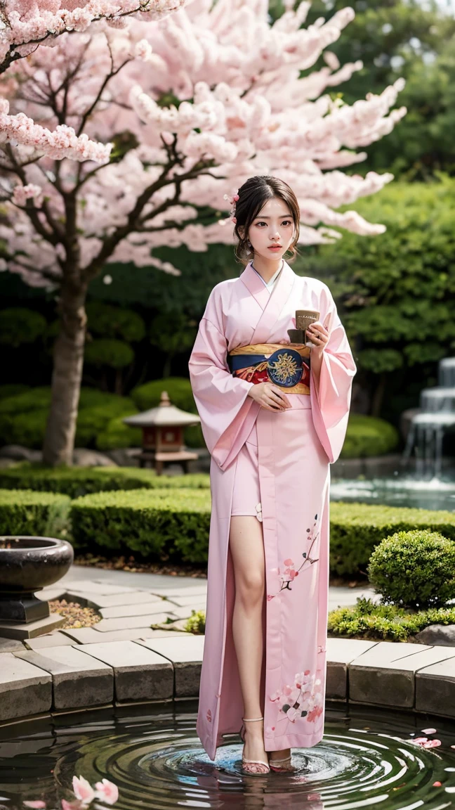 Depict Karma in her Sakura skin from League of Legends by Riot Games, dressed in a beautiful, pink kimono with cherry blossom patterns and holding a delicate fan, have massive k-cups, in a tranquil Japanese garden with blooming cherry trees and a koi pond.