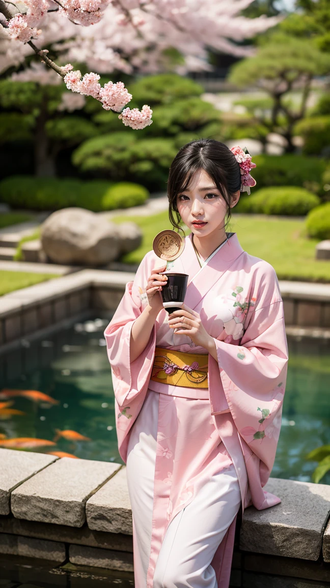 Depict Karma in her Sakura skin from League of Legends by Riot Games, dressed in a beautiful, pink kimono with cherry blossom patterns and holding a delicate fan, have massive k-cups, in a tranquil Japanese garden with blooming cherry trees and a koi pond.