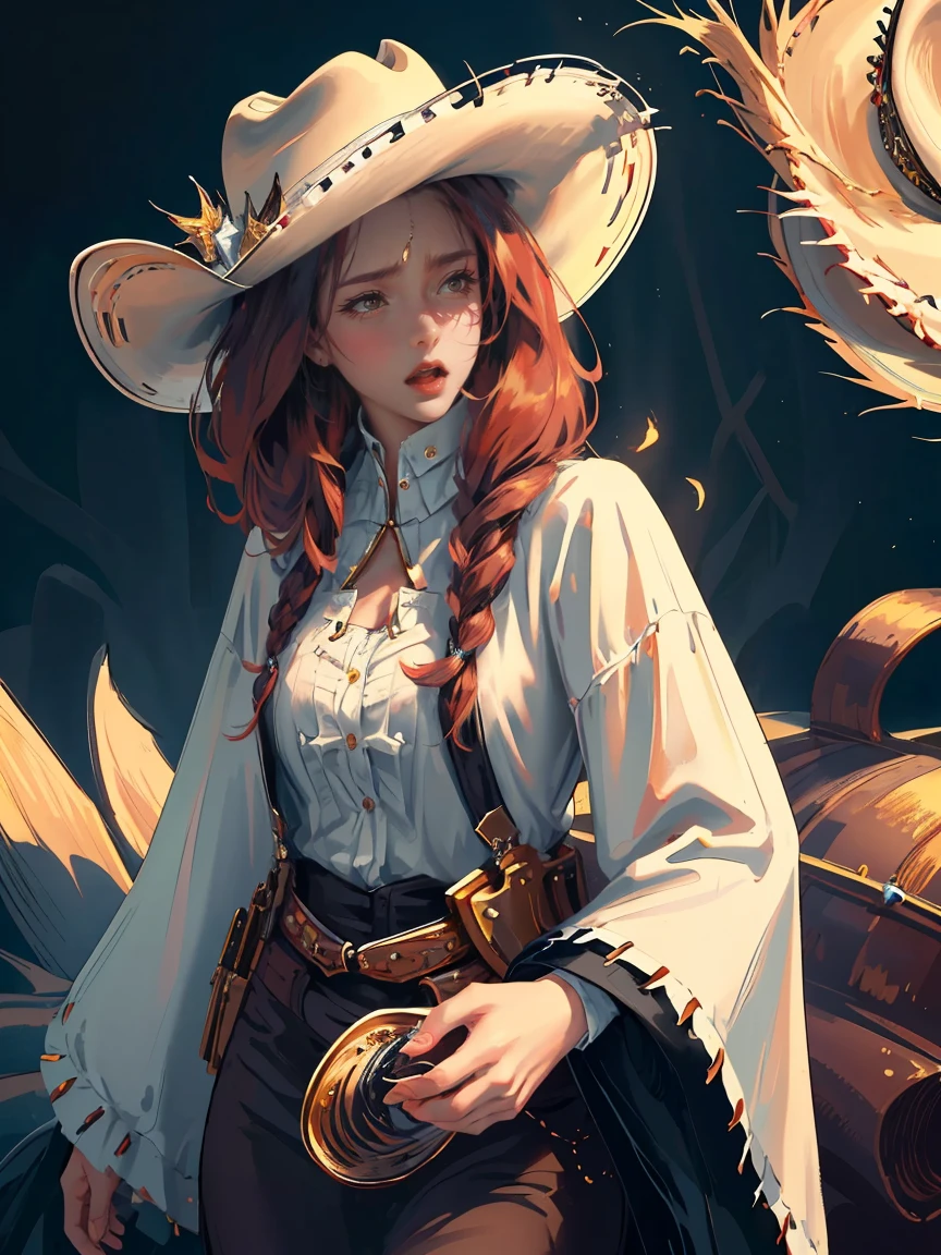 Long dark red hair, brown eyes, gloss lips, front look, close up, portrait, beautiful eyes, wearing a male white suit, big white, curly hair cut, clear skin, young 30 years girl, adult girl, solo, very long hair, ankle length hair, handsome older WOMAN，Hyperresolution，accuracy，Detailed rendering,（Image of fine hair）（topquality）（Masterpieces of masters）（High degree of completeness）（A sense of atmosphere）tmasterpiece，Super detailed and super detailed（((half-body portrait)))(((Older woman))) (((Western girl))), (((Cowgirl))) (((Cowboy hat))) (((Gunslinger)))(((Better hands)))(((Black outfit)))