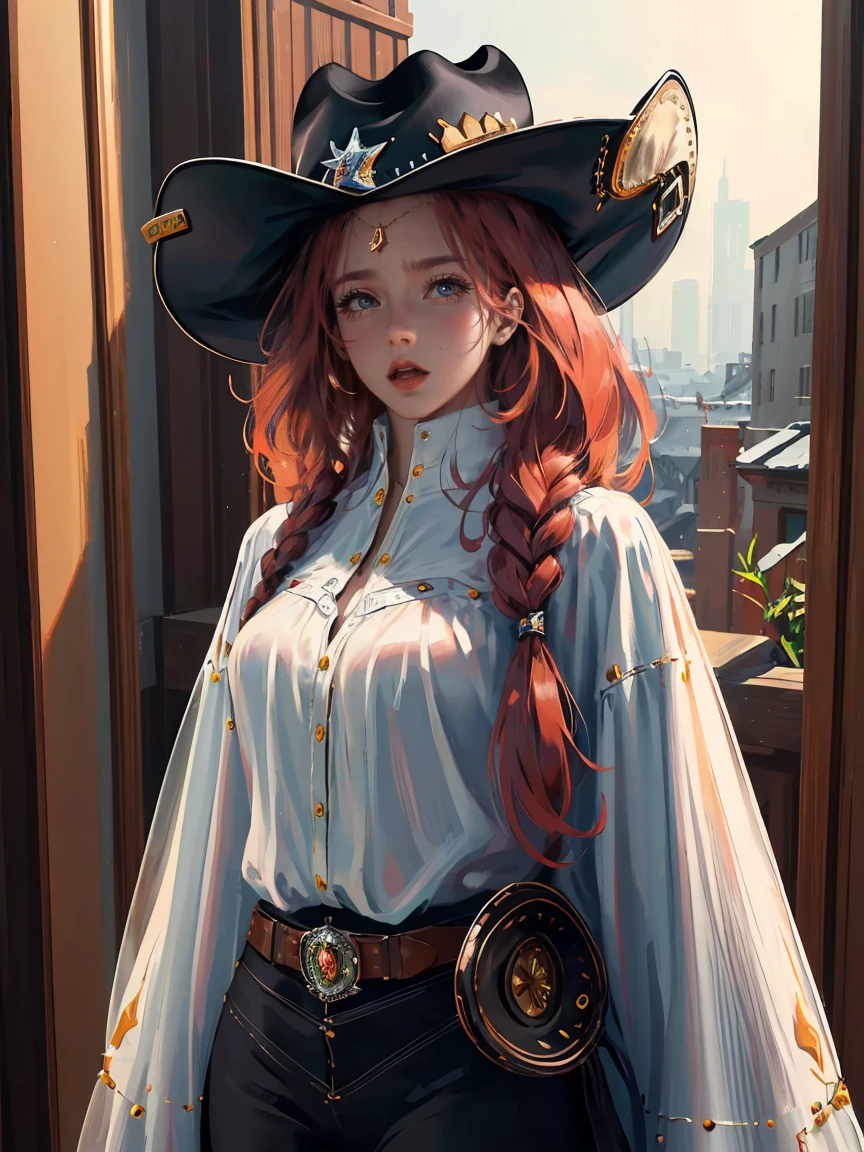Long dark red hair, brown eyes, gloss lips, front look, close up, portrait, beautiful eyes, wearing a male white suit, big white, curly hair cut, clear skin, young 30 years girl, adult girl, solo, very long hair, ankle length hair, handsome older WOMAN,Hyperresolution,accuracy,Detailed rendering,(Image of fine hair)(topquality)(Masterpieces of masters)(High degree of completeness)(A sense of atmosphere)tmasterpiece,Super detailed and super detailed(((half-body portrait)))(((Older woman))) (((Western girl))), (((Cowgirl))) (((Cowboy hat))) (((Gunslinger)))(((Better hands)))(((Black outfit)))