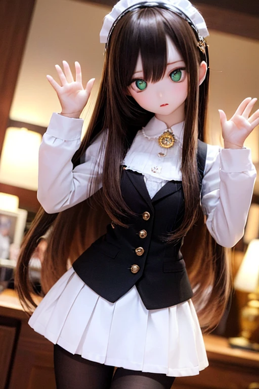 (SFW:2), photorealistic, realistic photo, 8k, ((highest quality)), ((masterpiece)), (extremely detailed), kukolnydom, doll, (mature woman, 21yo, 21 years old, solo:1.6), ((cowboy shot, head tilt, waving, slim, slender, skinny, medium breasts, hairband, ascot, vest, blouse, long puff sleeves, pleated skirt, black pantyhose)), (green eyes, brown hair, long hair, plastic skin, looking at another, glass eyes, gradient eyes, shining eyes, detailed eyes:1.3)