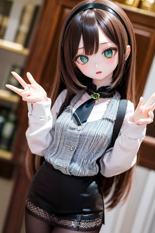 (SFW:2), photorealistic, realistic photo, 8k, ((highest quality)), ((masterpiece)), (extremely detailed), kukolnydom, doll, (mature woman, 21yo, 21 years old, solo:1.6), ((cowboy shot, head tilt, waving, slim, slender, skinny, medium breasts, hairband, ascot, vest, blouse, long puff sleeves, pleated skirt, black pantyhose)), (green eyes, brown hair, long hair, plastic skin, looking at another, glass eyes, gradient eyes, shining eyes, detailed eyes:1.3)