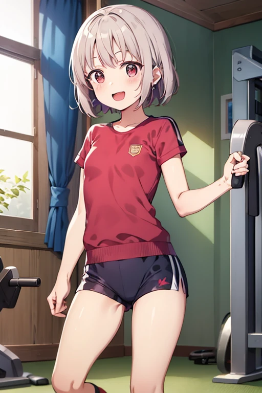 ((Highest quality)), ((masterpiece)), (be familiar with), Perfect Face, indoor, Bedroom, Watching the audience,
One woman, Yuki Gungun,
Open Mouth, Ecstatic expression, blush, smile,
Small breasts, Flat Chest, Young Girl, , , Girl,
Short Hair, short hair,
Gym suit, White short sleeves, Black shorts, Leg spread,