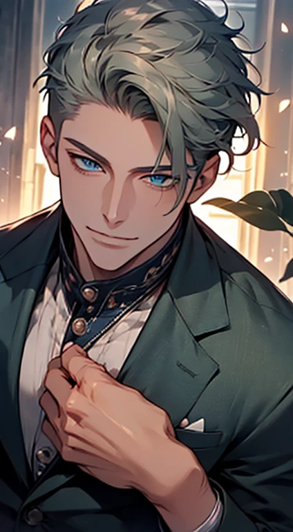 (best quality, masterpiece, 8K, photorealistic, cinematic lighting, 1:4 hdr image, top view, ultra detailed, beautiful image), a mature man, very handsome, short grey green hair, blue eyes, perfect face without errors , ((buttoning his jacket, CEO)), smile in love.