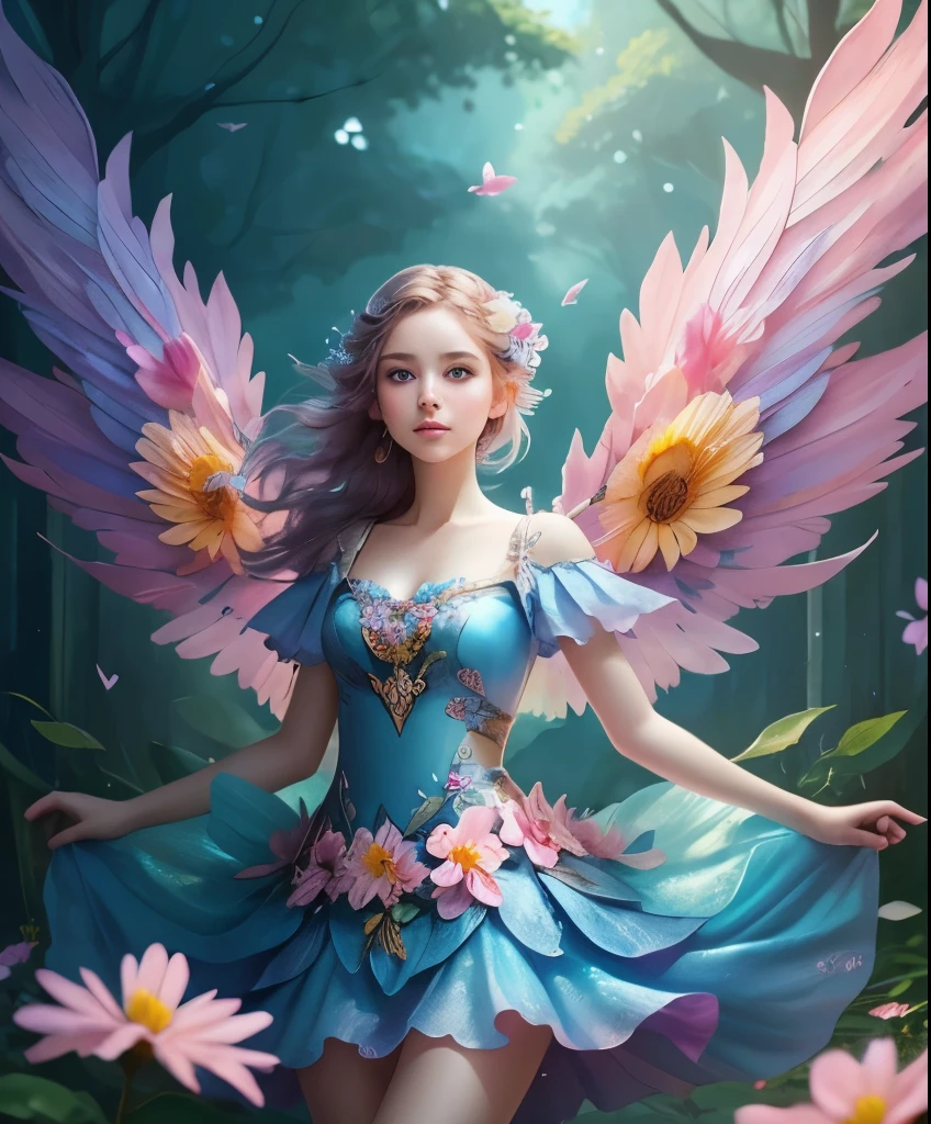 Best Quality, Masterpiece, 1girl, Pose, Particle, Wind, Flower, Upper Body, Blue-Pink Color Scheme, Simple Background, Looking at the Viewer, Flower Fairy, Wings, Forest,