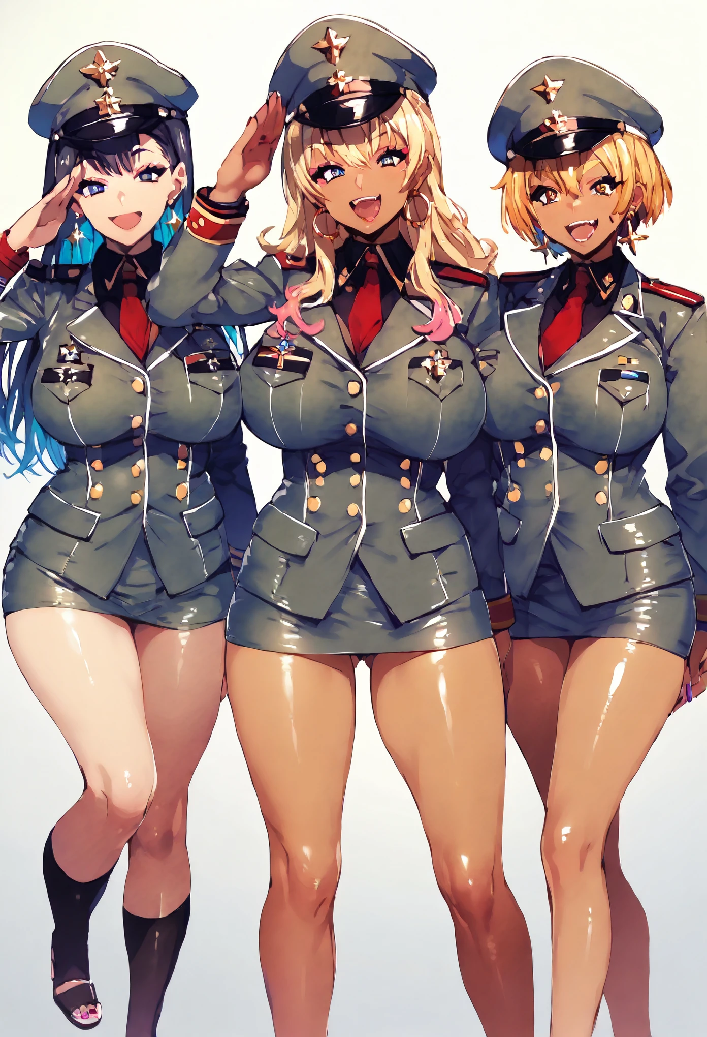 score_9,score_8_up,score_7_up, score_6_up, rating_safe, source_anime, slutty_clothes, gyaru, multicolored hair, 5_fingers, multiple girls, group picture, 4girls, standing aligned, (salute), gold earrings, large breasts, jewelry, military cap, (military uniform), (epaulette), jacket, harness, thigh strap, black thigh boots, (layered skirt), miniskirt, evil smile, smirk, dark theme, dark persona, skindentation, wide hips,