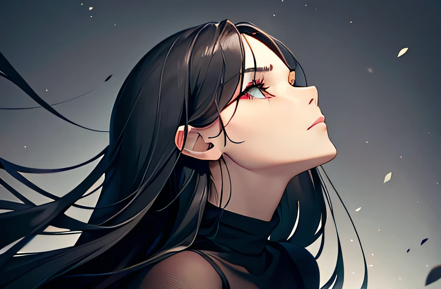 One Woman,Long black hair,Thoughtful expression,Tilt your head,The eye is looking up,The eyes are particularly delicate and of high quality,The clothes are short-sleeved knits.,The color of the clothes is gray,